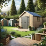 Realistic image of a garden setting featuring a variety of well-built sheds, ranging from small storage units to larger workshop spaces. The sheds are displayed in an inviting and practical outdoor environment with lush greenery and clear skies, reflecting the quality craftsmanship and durability suitable for the British weather, as offered by ilikesheds.com.