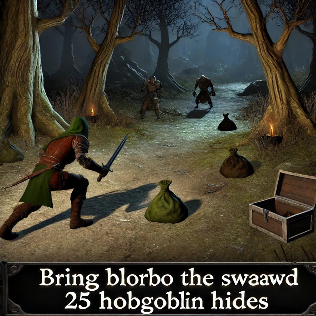 Feature image depicting a dark, forested area with hobgoblins lurking in the shadows. In the foreground, a character is poised for action, ready to collect the hobgoblin hides. The scene is filled with mysterious shadows, the glint of armor and weapons, and an overall atmosphere of tension and adventure, highlighting the challenge and intrigue of the 'Bring Blorbo the Shrewd 25 Hobgoblin Hides' quest.